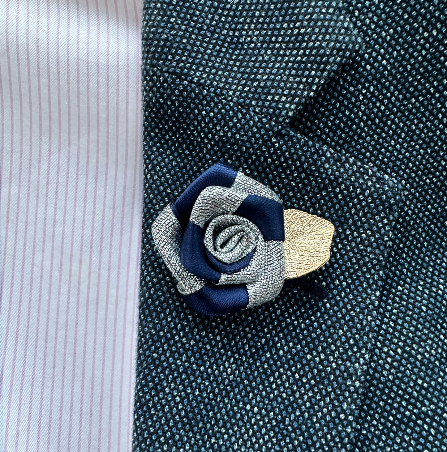 Flower Lapel By MyMerchant - Dark Blue and Silver with leaf