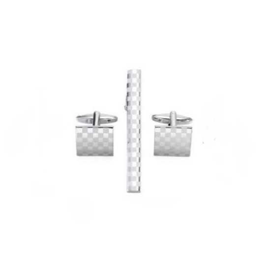 Silver Checked Cufflinks Tie Clip Combo By MyMerchant